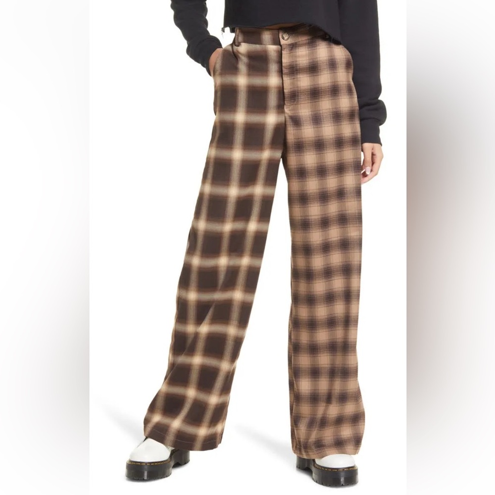 Nordstrom B.P. Mixed Plaid Wide-Leg Pants elastic back zipper front brown tan sm